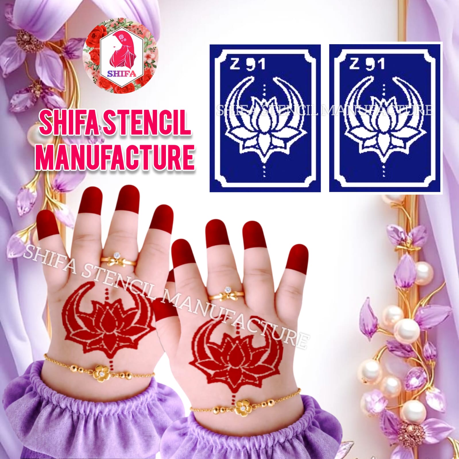 Z 91 Sacred Lotus Sticker overview Henna Stencil - Shifa Stencil
